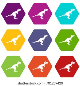 Theropod dinosaur icon set many color hexahedron isolated on white vector illustration