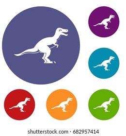 Theropod dinosaur icons set in flat circle red, blue and green color for web