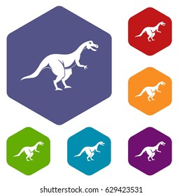 Theropod dinosaur icons set hexagon isolated vector illustration