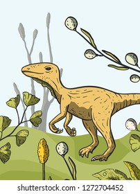 Theropod Dinosaur vector card. Jurassic and Cretaceous animal. Prehistoric vector dino.