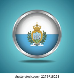 TheSan Marino  flag. Round glossy. Silver frame. Isolated on color gradient background