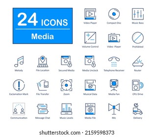 estos son 24 hermosos iconos vectoriales de interfaz de reproductor de medios pequeños y perfectos en píxeles.
