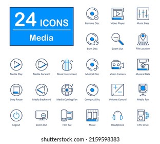 estos son 24 hermosos iconos vectoriales de interfaz de reproductor de medios pequeños y perfectos en píxeles.