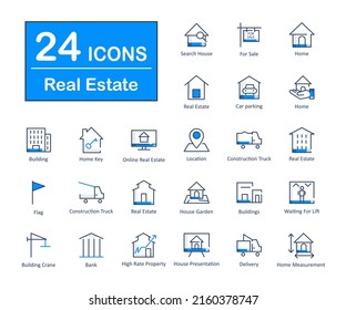 Estos son 24 hermosos iconos vectoriales de interfaz inmobiliaria pequeños y perfectos en píxeles.