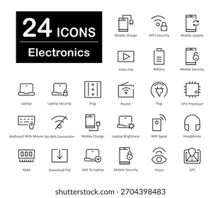 Dies sind 24 schöne kleine, Pixel perfekte Elektronik-Interface-Vektorsymbole.