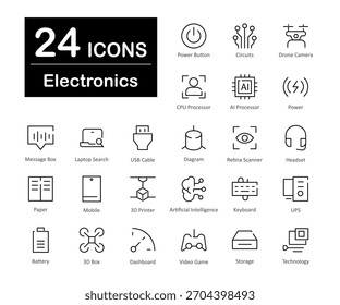 Estos son 24 hermosos iconos vectoriales de interfaz electrónica Pequeña y perfecta de píxeles.