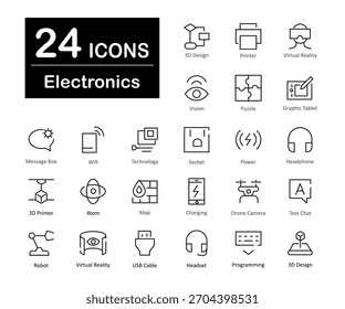 Estos son 24 hermosos iconos vectoriales de interfaz electrónica Pequeña y perfecta de píxeles.