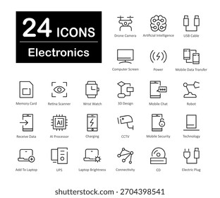 Estos son 24 hermosos iconos vectoriales de interfaz electrónica Pequeña y perfecta de píxeles.