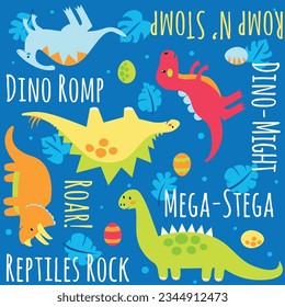 These adorable dinosaur characters are colorful and form a charming repeating vector pattern.