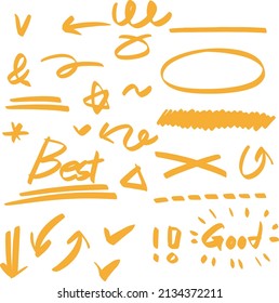 These are arrows, marks, letters, underlines, symbols drawn with yellow pencils.