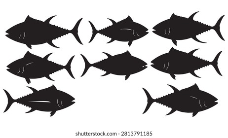 These are black tuna fish silhouettes arranged on a white background. The image features multiple instances of the streamlined fish shape.