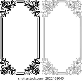 These black and white floral frame corners offer an ornate and detailed design, presented as a distinctive silhouette against a white background.