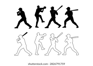 These are black and white silhouettes of a baseball player in various batting stances, set against a white background.