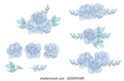 Estos elementos de flores azules son buenos para hacer elementos de tarjeta o pegatinas, también hermosos como fondo de libro o para portada.