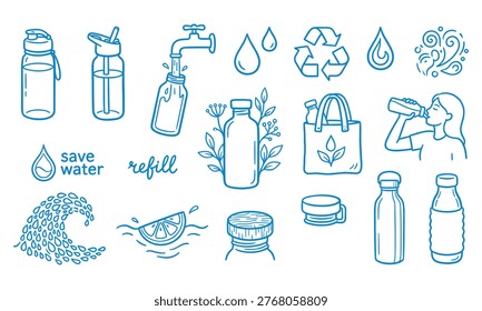 These blue line art illustrations showcase sustainable hydration habits. Featuring reusable water bottles, faucet refills, recycling symbols, and nature motifs for eco awareness.