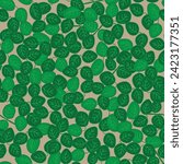 These bright green round leaves are the leaves of the partridge berry, or the Mitchella repens, growing in the bogs of the boreal forest or tiaga now creating a vector repeat seamless pattern design.