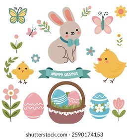 These charming Easter illustrations feature a delightful combination of springtime elements in a pastel color palette. 