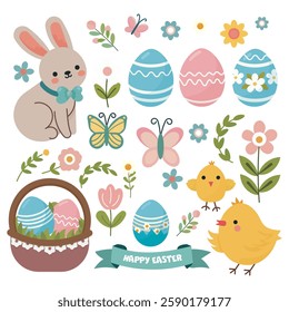 These charming Easter illustrations feature a delightful combination of springtime elements in a pastel color palette. 