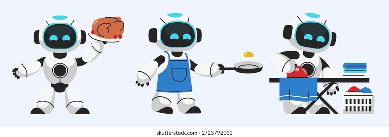 These charming robot characters perform various household tasks, illustrating the future of domestic automation and helpful AI assistance with cooking and cleaning chores.