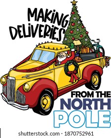 These Christmas trucks are so tough they can make deliveries all the way to the north pole.  This set  features a classic studebaker and ford truck with the text making delivers from the north pole.