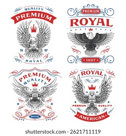 These creative designs feature eagle illustrations with bold text highlighting premium and royal quality. Each badge represents a classic style suitable for branding or apparel.