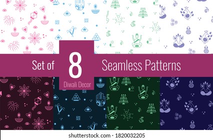 These are curated seamless vector patterns on theme of Diwali which is an Indian famous festival.

It can be annotated as diwali celebration, lights and lanterns, festive background, and worship india