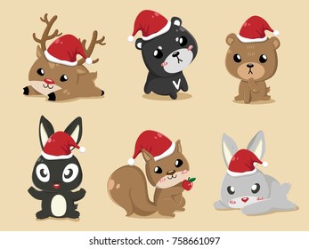 These cute animals put on Santa Claus's hat on Christmas Day.
