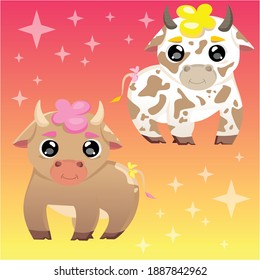 These cute bull and cow are the symbols of the year 2021. You can use them to create a postcard or decoration.