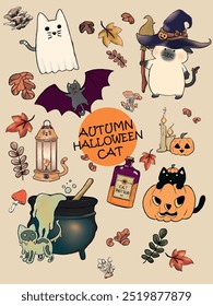 These are cute illustrations of cats in the autumnal Halloween theme. You can use them to make stickers or decorate cute cards.