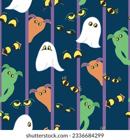 These cute little green and orange monsters are peaking around the corner to see if it is scary outside this closet. They have friends in there with them and the ghosts are their friends, too.