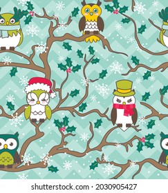 These cute owls would like to wish you a Merry Christmas and a Happy New Year. This festive vector pattern repeats seamlessly.