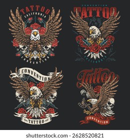 These designs showcase intricate tattoo art featuring eagles and roses celebrating a tattoo convention's unique aesthetic and artistic styles. Each design reflects the vibrant tattoo culture.