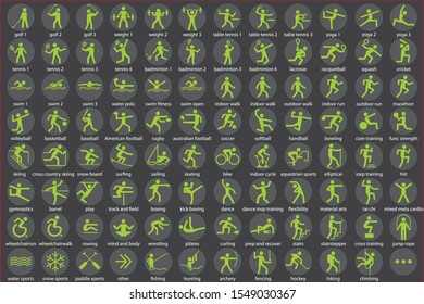 These are the digital display symbols for sports and activities to use  in several objects such as health check functions or any sport competition. Some sports have more than one type for usage.