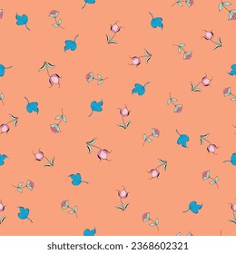 These ditsy folk flowers in teal blue and orange on an orange background are featured ton a repeat vector seamless pattern design.