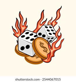 These fiery dice and chip coins on fire are perfect for gambling play doodle a poster, screensaver, website or postcard.