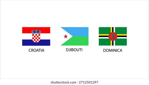 These flags represent the countries of Croatia, Djibouti, and Dominica, each with unique designs and colors