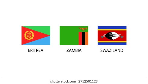Estas banderas representan a los países de Eritrea, Zambia y Eswatini, cada uno con diseños y colores únicos