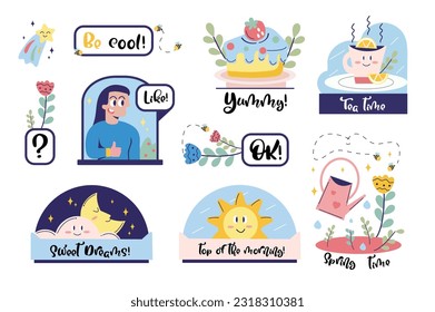 These flat, cartoon-designed stickers with a cute label are perfect for spreading positivity and brightening someone's day with cute and colorful elements. Vector illustration.