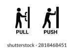 These are flat vector icons depicting a person pulling and pushing a door presented in a black silhouette style.