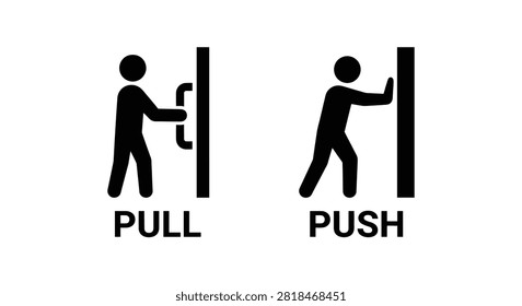 These are flat vector icons depicting a person pulling and pushing a door presented in a black silhouette style.