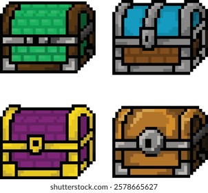 These four pixel art style treasure chests look full of mystery, each has a unique color and design as if they hold different powers