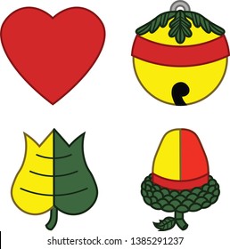 These are the four symbols that appear on traditional hungarian playing cards, and they are: heart, bell, leaf and acorn. They stem from the middle-ages.