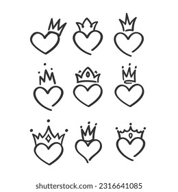 These are hand drawn crown hearts doodle.