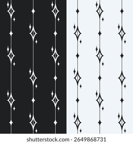 These high-contrast seamless patterns feature stylized sparkle or starburst motifs arranged vertically with thin lines. One design is black on white, the other white on black. Modern, graphic, and rep