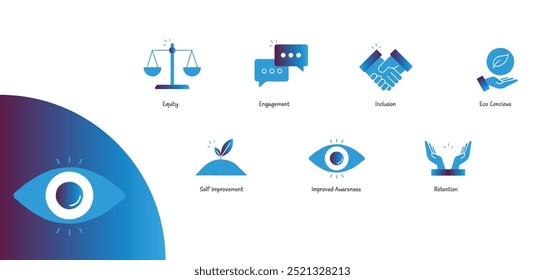 These icons collectively represent a holistic approach to sustainable, inclusive organizational and personal growth, emphasizing social and environmental responsibility.