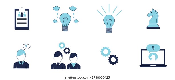 These icons represent the concepts of intellect, collaboration, and strategy execution. Visually, the elements include:

Ideas  Innovation: Represented by a light bulb with a spark of ideas or a cloud of thoughts.

Strategy: Depicted by a chess piece (Knight), which symbolizes clever tactics.

Human Resources: Male and female profile characters, along with a list of biodata on a clipboard.

Technology  Digital: A laptop with various icons on its screen, such as a video, a dollar sign, and a strategy icon.

Process  Systems: Gears symbolizing the workings or mechanics of a business.

Communication: Speech bubbles for discussion and feedback.