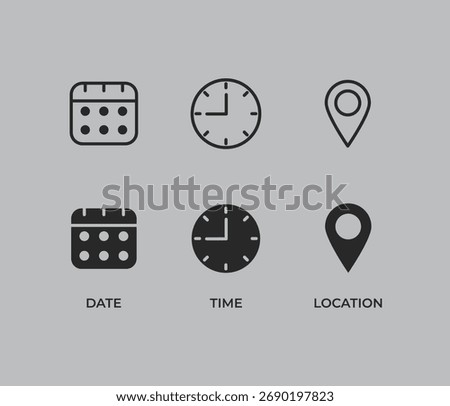 These icons represent the essential information for a plan or event: Date (calendar), Time (clock), and Location (map pin).