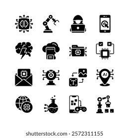 These icons represent various aspects of modern technology, including artificial intelligence, robotics, and data processing.