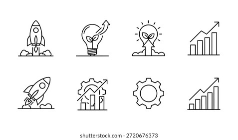 Estos iconos simbolizan la innovación y el progreso, presentados en un estilo de silueta llamativo.
