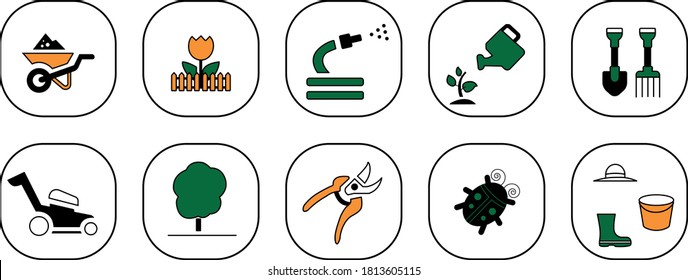 These icons in vector graphics depict gardener tools